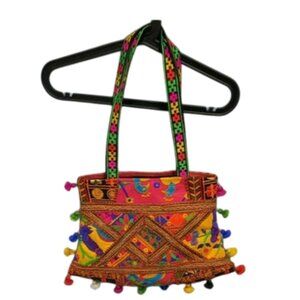 Colorful Fringe Pom Shoulder Bag Purse TONI Pink Purple Yellow Peacock Bird